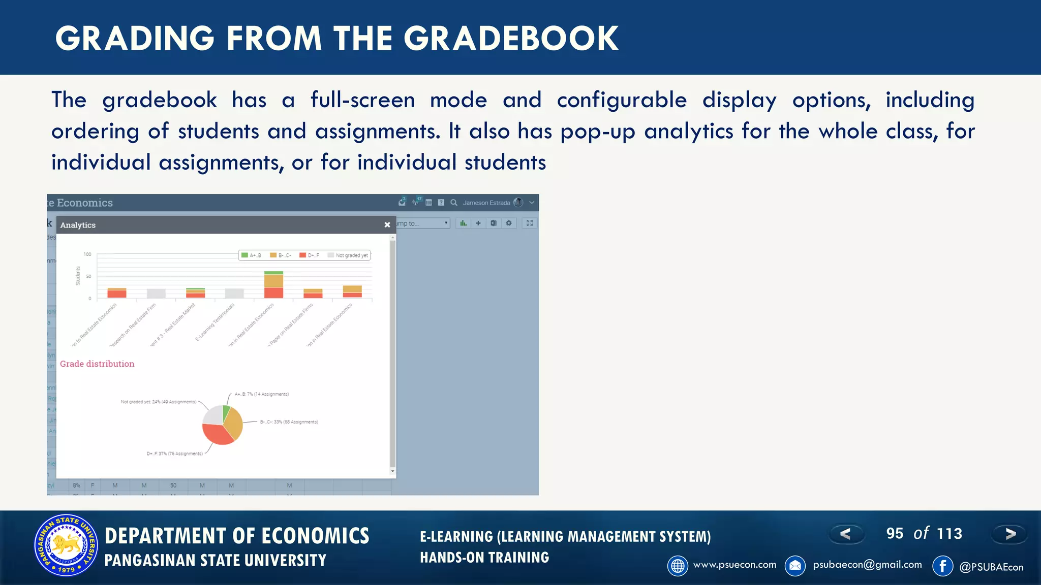 95 of 113DEPARTMENT OF ECONOMICS
PANGASINAN STATE UNIVERSITY
E-LEARNING (LEARNING MANAGEMENT SYSTEM)
HANDS-ON TRAINING
GRADING FROM THE GRADEBOOK
The gradebook has a full-screen mode and configurable display options, including
ordering of students and assignments. It also has pop-up analytics for the whole class, for
individual assignments, or for individual students
 