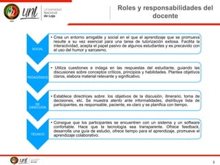 Roles y responsabilidades del
docente
3
SOCIAL
• Crea un entorno amigable y social en el que el aprendizaje que se promueva
resulte a su vez esencial para una tarea de tutorización exitosa. Facilita la
interactividad, acepta el papel pasivo de algunos estudiantes y es precavido con
el uso del humor y sarcasmo.
PEDAGÓGICO
• Utiliza cuestiones e indaga en las respuestas del estudiante, guiando las
discusiones sobre conceptos críticos, principios y habilidades. Plantea objetivos
claros, elabora material relevante y significativo.
DE
DIRECCIÓN
• Establece directrices sobre: los objetivos de la discusión, itinerario, toma de
decisiones, etc. Se muestra atento ante informalidades, distribuye lista de
participantes, es responsable, paciente, es claro y se planifica con tiempo.
TÉCNICO
• Consigue que los participantes se encuentren con un sistema y un software
confortable. Hace que la tecnología sea transparente. Ofrece feedback,
desarrolla una guía de estudio, ofrece tiempo para el aprendizaje, promueve el
aprendizaje colaborativo.
 