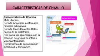 CARACTERÍSTICAS DE CHAMILO
Características de Chamilo
Multi Idiomas.
Permite Adaptarse a diferentes
modelos educativos.
Permite tener diferentes Roles
dentro de la plataforma.
Red social de aprendizaje con la
creación de grupos de interés.
Videoconferencias.
Herramientas de comunicación
sincrónica y asincrónica.
 