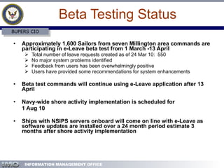 Beta Testing Status Approximately 1,600 Sailors from seven Millington area commands are participating in e-Leave beta test from 1 March -13 April  Total number of leave requests created as of 24 Mar 10:  550  No major system problems identified Feedback from users has been overwhelmingly positive Users have provided some recommendations for system enhancements Beta test commands will continue using e-Leave application after 13 April Navy-wide shore activity implementation is scheduled for 1 Aug 10 Ships with NSIPS servers onboard will come on line with e-Leave as  software updates are installed over a 24 month period estimate 3 months after shore activity implementation  