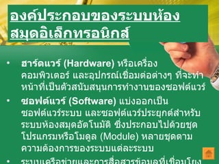 องค์ประกอบของระบบห้องสมุดอ ิเล็กทรอนิกส์ ฮาร์ดแวร์  ( Hardware)   หรือเครื่องคอมพิวเตอร์ และอุปกรณ์เชื่อมต่อต่างๆ ที่จะทำหน้าที่เป็นตัวสนับสนุนการทำงานของซอฟต์แวร์   ซอฟต์แวร์  ( Software)   แบ่งออกเป็นซอฟต์แวร์ระบบ และซอฟต์แวร์ประยุกต์สำหรับระบบห้องสมุดอัตโนมัติ ซึ่งประกอบไปด้วยชุดโปรแกรมหรือโมดูล  ( Module)  หลายชุดตามความต้องการของระบบแต่ละระบบ   ระบบเครือข่ายและการสื่อสารข้อมูลที่เชื่อมโยงผู้ใช้กับระบบห้องสมุด   