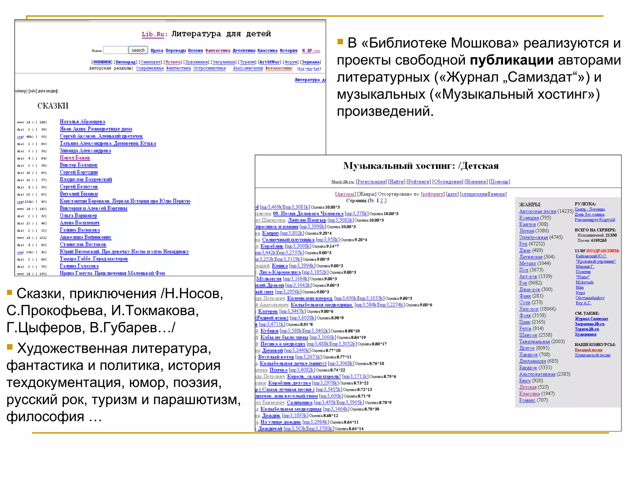 В «Библиотеке Мошкова» реализуются и проекты свободной  публикации  авторами литературных («Журнал „Самиздат“») и музыкальных («Музыкальный хостинг») произведений. Сказки, приключения /Н.Носов, С.Прокофьева, И.Токмакова, Г.Цыферов, В.Губарев…/ Художественная литература,  фантастика и политика, история техдокументация, юмор, поэзия, русский рок, туризм и парашютизм, философия … 