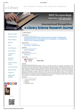 Collection Development and Services of Newly established Indian Institute of Technology (IITs) Libraries: A Comparative Study of IIT Patna and Ropar