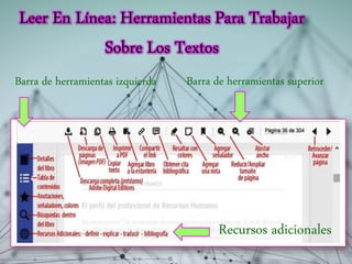 Barra de herramientas superior
Leer En Línea: Herramientas Para Trabajar
Sobre Los Textos
Barra de herramientas izquierda
Recursos adicionales
 