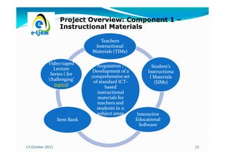 Project Overview: Component 1 –
                   Instructional Materials

                                 Teachers
                               Instructional
                              Materials (TIMs)

            Video-
            Video-taped
                                 Acquisition /            Student’s
               Lecture
                              Development of a          Instructiona
              Series ( for
                              comprehensive set          l Materials
            ‘challenging’
                               of standard ICT-
                                           ICT-            (SIMs)
                topics)
                topics)
                                     based
                                 instructional
                                 materials for
                                 teachers and
                                 students in 11
                                 subject areas     Interactive
                  Item Bank                       Educational
                                                    Software



13 October 2011                                                        12
 