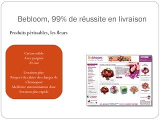 Bebloom, 99% de réussite en livraison
Produits périssables, les fleurs
Carton solide
Avec poignée
Et eau
Livraison plus
Respect du cahier des charges de
Chronopost
Meilleure automatisation donc
livraison plus rapide
 