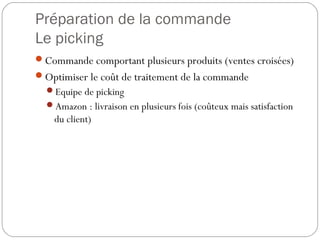 Préparation de la commande
Le picking
Commande comportant plusieurs produits (ventes croisées)
Optimiser le coût de traitement de la commande
Equipe de picking
Amazon : livraison en plusieurs fois (coûteux mais satisfaction
du client)
 
