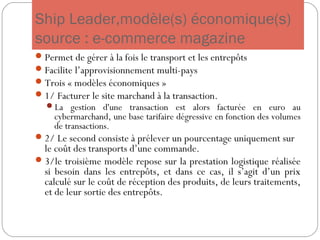 Ship Leader,modèle(s) économique(s)
source : e-commerce magazine
Permet de gérer à la fois le transport et les entrepôts
Facilite l’approvisionnement multi-pays
Trois « modèles économiques »
1/ Facturer le site marchand à la transaction.
La gestion d'une transaction est alors facturée en euro au
cybermarchand, une base tarifaire dégressive en fonction des volumes
de transactions.
2/ Le second consiste à prélever un pourcentage uniquement sur
le coût des transports d’une commande.
3/le troisième modèle repose sur la prestation logistique réalisée
si besoin dans les entrepôts, et dans ce cas, il s’agit d’un prix
calculé sur le coût de réception des produits, de leurs traitements,
et de leur sortie des entrepôts.
 