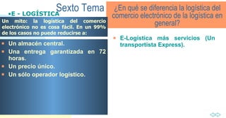 Sexto Tema Un almacén central.  Una entrega garantizada en 72 horas.  Un precio único.  Un sólo operador logístico.   E-Logística más servicios ( Un transportista Express).  E - LOGÍSTICA ¿En qué se diferencia la logística del comercio electrónico de la logística en general? Un mito: la logística del comercio electrónico no es cosa fácil. En un 99% de los casos no puede reducirse a:  