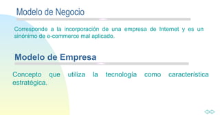 Modelo de Negocio Corresponde a la incorporación de una empresa de Internet y es un sinónimo de e-commerce mal aplicado. Modelo de Empresa Concepto que utiliza la tecnología como característica estratégica. 
