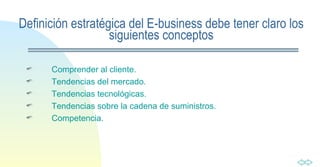 Definición estratégica del E-business debe tener claro los siguientes conceptos Comprender al cliente. Tendencias del mercado. Tendencias tecnológicas. Tendencias sobre la cadena de suministros. Competencia. 