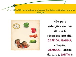4º - HORÁRIO, estabeleça e observe horários rotineiros para as
                          refeições.



                                           Não pule
                                       refeições realize
                                           de 5 a 6
                                       refeições por dia.
                                       CAFÉ DA MANHÃ,
                                           colação,
                                       ALMOÇO, lanche
                                       da tarde, JANTA e
 