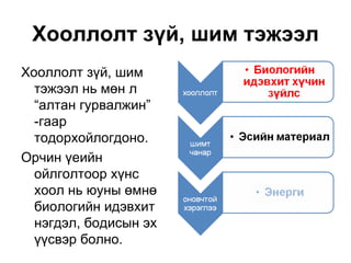 Хооллолт зүй, шим тэжээл
Хооллолт зүй, шим
  тэжээл нь мөн л
  “алтан гурвалжин”
  -гаар
  тодорхойлогдоно.
Орчин үеийн
  ойлголтоор хүнс
  хоол нь юуны өмнө
  биологийн идэвхит
  нэгдэл, бодисын эх
  үүсвэр болно.
 