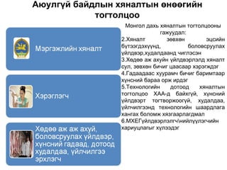 Аюулгүй байдлын хяналтын өнөөгийн
            тогтолцоо
                  Монгол дахь хяналтын тогтолцооны
                               гажуудал:
                 2.Хяналт         зөвхөн        эцсийн
                 бүтээгдэхүүнд,          боловсруулах
                 үйлдвэр,худалдаанд чиглэсэн
                 3.Хөдөө аж ахуйн үйлдвэрлэлд хяналт
                 сул, зөвхөн бичиг цаасаар хэрэгждэг
                 4.Гадаадаас хуурамч бичиг баримтаар
                 хүнсний бараа орж ирдэг
                 5.Технологийн     дотоод    хяналтын
                 тогтолцоо ХАА-д байхгүй, хүнсний
                 үйлдвэрт тогтворжоогүй, худалдаа,
                 үйлчилгээнд технологийн шаардлага
                 хангах боломж хязгаарлагдмал
                 6.МХЕГүйлдвэрлэлгчнийлүүлэгчийн
                 хариуцлагыг хүлээдэг
 
