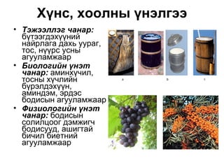 Хүнс, хоолны үнэлгээ
• Тэжээллэг чанар:
  бүтээгдэхүүний
  найрлага дахь уураг,
  тос, нүүрс усны
  агууламжаар
• Биологийн үнэт
  чанар: аминхүчил,
  тосны хүчлийн          a   b   c

  бүрэлдэхүүн,
  аминдэм, эрдэс
  бодисын агууламжаар
• Физиологийн үнэт
  чанар: бодисын
  солилцоог дэмжигч
  бодисууд, ашигтай
  бичил биетний
  агууламжаар
 