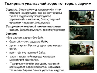 Тохирлын үнэлгээний зорилго, төрөл, зарчим
Зорилго: бүтээгдэхүүнд хэрэглэгчийн итгэх
   итгэлийг нэмэгдүүлэх, зөв сонголт хийхэд
   туслах, хуурамч бүтээгдэхүүнээс
   хэрэглэгчийг хамгаалах, бүтээгдэхүүний
   өрсөлдөх чадварыг дээшлүүлэх
Тохирлын үнэлгээний төрөл: итгэмжлэл,
   сорилт, баталгаажуулалт, техникийн хяналт
Зарчим:
- бие даасан, хараат бус байх;
- бодитой, үнэнч, шударга байх;
- хүсэлт гаргагч бүх талд адил тэгш нөхцөл
   олгох;
- нээлттэй, хүртээмжтэй байх;
- хүсэлт гаргагчийн нууцад хамаарах
   мэдээллийг хамгаалах.
- Тохирлын үнэлгээг стандарт, техникийн
   зохицуулалт болон холбогдох норматив-
   техникийн баримт бичигт үндэслэн явуулна.
 