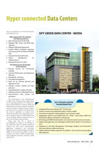 29www.varindia.com April 2018
Hyper connected Data Centers
also the consolidation of the IT infrastructure
and the Data Center.
When approached, Sify rendered
the following solutions:
•	 Built a Private Cloud for DC & DR
•	 Migrated 100+ servers and 60TB data
migration
•	 VMware, OVM-based Hypervisors
•	 Enabled DRaaS tool-based replication
and recovery at DC and DR with RTO/RPO
SLAs
•	 Improved Security Significantly
•	 Project Management for
Implementation
•	 Managed Services for 5 years
The following were the benefits
of the solutions:
•	 Business Services are continuously
available.
•	 Improved Performance and Operational
Efficiency
•	 New Age DC + DR setup
•	 Zero Downtime Migration
•	 Quick set up reducing planning and
deployment time
•	 Granular recovery intervals and data
protection
•	 Large Bandwidth to replicate DC data
•	 Seamless transition to Managed Services
•	 State-of-the-art tools, process and
procedures
Sify Technologies is also well-positioned
to address the increasing market opportunities
on the upcoming platforms of Software-as-a-
Service (SaaS), Platform-as-a-Service (PaaS) and
Infrastructure-as-a-Service (IaaS) as enterprises
move from build to subscribe (Capex to Opex)
and from control to visibility. Its cloud platform
has scale-out capabilities to compete more
effectively for public cloud requirements and is
also extending its support to AWS and Microsoft
Azure, including offering managed services on
top of the third-party cloud providers.
Being agile, Sify has a record of
accomplishment in taking on any challenge in
the unified ICT space, by offering customized
solutions like data center transformation,
applications integration and technology
integrationservicesforlarge,complexenterprises,
SMBs, the Government and PSUs, as well as
verticals in the realm of BFSI, manufacturing,
retail, healthcare & pharma, education, media
and IT/ITeS.
•	 Integrated Play across Network, DC, IT & Security
•	 Solution choices across dedicated, public or hybrid models
•	 Innovative charge back models aligned to your business needs
•	 Aggregation partner across OEM stack, Pvt / Public   cloud (Azure, AWS etc),
Acceleration (Akamai, Cloudfront) and Security
•	 DCT along with WAN Transformation can result even better business outcomes
•	 Address skills gaps that can stall digital transformation efforts if not worked in
time
•	 Capitalize on new Data Management Technology, Analytics and Automation
than subscribing as additional services
•	 Highly predictive delivery approach & scalable in near real time during sudden
data explosion.
SIFY FOR DATA CENTER
TRANSFORMATION
 