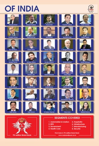 43www.varindia.com April 2018
OF INDIA
Chandra Mouli Prakash Pradhan Prasad Patil Prashant Jadhav Pulak Tarafder
Puneesh Lamba Raghunath Bal Rahil Sayed Raj Kumar Nair Rajeev Gupta
Rajesh Batra Rakesh Vachhar V. Ranganathan Iyer Ravinder Arora
Bohitesh Mishra Sandip Pradhan Sanjay Gahlod Sanjay Mahajan
Sanjeev Jain Sayed Peerzade Shailendra Gupta
Sourabh Tiwari Subroto Panda Sumit Singh
Sunil kumar Syed Kadam Murshed T G Dhandapani
Vijay Anand Vikas Arora
Ron Davidson
Sanjeev Kumar
Shiv Shankar Datta
Sunil k Sonare
Umesh Mehta
Vipin Kumar
Vivek Ahuja
Suresh Kumar
Vijay Sethi
Dr Rajeev Papneja Meetali Sharma
1. Automobile & Aviation
2. BFSI
3. Government
4. Health Care
5. Hospitality
6. Infrastructure
7. Manufacturing
8. Security
Find more in 7th edition Brand Book
www.mybrandbook.co.in
SEGMENTS COVERED
7th edition Brand Book
 