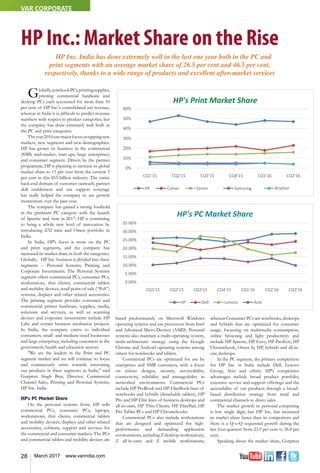 28 March 2017 www.varindia.com
HP Inc.: Market Share on the Rise
HP Inc. India has done extremely well in the last one year both in the PC and
print segments with an average market share of 26.5 per cent and 46.5 per cent,
respectively, thanks to a wide range of products and excellent after-market services
Globally,notebookPCs,printingsupplies,
printing commercial hardware and
desktop PCs each accounted for more than 10
per cent of HP Inc.'s consolidated net revenue,
whereas in India it is difficult to predict revenue
numbers with respect to product categories, but
the company has done extremely well both in
the PC and print categories.
Theyear2016sawmajorfocusontappingnew
markets, new segments and new demographics.
HP has grown its business in the commercial
(SMB, mid-market, start-ups, large enterprises)
and consumer segment. Driven by the partner
programme, HP is planning to increase its global
market share to 15 per cent from the current 5
per cent in this $55-billion industry. The entire
back-end domain of customer outreach, partner
skill enablement and our support coverage
has really helped the company to see growth
momentum over the past year.
The company has gained a strong foothold
in the premium PC category with the launch
of Spectre and, now in 2017, HP is continuing
to bring a whole new level of innovation by
introducing Z32 mini and Omen portfolio in
India.
In India, HP's focus is more on the PC
and print segments, and the company has
increased its market share in both the categories.
Globally, HP Inc. business is divided into three
segments – Personal Systems, Printing and
Corporate Investments. The Personal Systems
segment offers commercial PCs, consumer PCs,
workstations, thin clients, commercial tablets
and mobility devices, retail point-of-sale (“PoS”)
systems, displays and other related accessories.
The printing segment provides consumer and
commercial printer hardware, supplies, media,
solutions and services, as well as scanning
devices and corporate investments include HP
Labs and certain business incubation projects.
In India, the company caters to individual
consumers, small- and medium-sized businesses
and large enterprises, including customers in the
government, health and education sectors.
"We are the leaders in the Print and PC
segment market and we will continue to focus
and continuously strive towards innovating
our products in these segments in India," said
Gurpreet Singh Brar, Director, Commercial
Channel Sales, Printing and Personal Systems,
HP Inc. India.
HP's PC Market Share
On the personal systems front, HP sells
commercial PCs, consumer PCs, laptops,
workstations, thin clients, commercial tablets
and mobility devices, displays and other related
accessories, software, support and services for
the commercial and consumer markets. The PCs
and commercial tablets and mobility devices are
based predominately on Microsoft Windows
operating systems and use processors from Intel
and Advanced Micro Devices (AMD). Personal
systems also maintain a multi-operating system,
multi-architecture strategy using the Google
Chrome and Android operating systems among
others for notebooks and tablets.
Commercial PCs are optimized for use by
enterprises and SMB customers, with a focus
on robust designs, security, serviceability,
connectivity, reliability and manageability in
networked environments. Commercial PCs
include HP ProBook and HP EliteBook lines of
notebooks and hybrids (detachable tablets), HP
Pro and HP Elite lines of business desktops and
all-in-ones, HP Thin Clients, HP ElitePad, HP
Pro Tablet PCs and HP Chromebooks.
Commercial PCs also include workstations
that are designed and optimized for high-
performance and demanding application
environments, including Z desktop workstations,
Z all-in-ones and Z mobile workstations,
whereas Consumer PCs are notebooks, desktops
and hybrids that are optimized for consumer
usage, focussing on multimedia consumption,
online browsing and light productivity and
include HP Spectre, HP Envy, HP Pavilion, HP
Chromebook, Omen by HP, hybrids and all-in-
one desktops.
In the PC segment, the primary competitors
for HP Inc. in India include Dell, Lenovo
Group, Acer and others. HP's competitive
advantages include broad product portfolio,
extensive service and support offerings and the
accessibility of our products through a broad-
based distribution strategy from retail and
commercial channels to direct sales.
The market growth in personal computing
is low single digit, but HP Inc. has increased
its market share faster than its competitors and
there is a Q-o-Q sequential growth during the
last four quarters from 23.9 per cent to 28.8 per
cent.
Speaking about the market share, Gurpreet











      

   






     
    
HP's PC Market Share










      
   






     
    
HP's Print Market Share
VAR CORPORATE
 