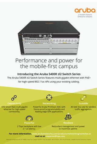 55www.varindia.com March 2017
Connectivity
HPE Smart Rate multi-gigabit
ethernet for high-speed
connectivity.
Scalable
40 GbE line rate for wireless
Powerful
2 Tbps backplane with low
2.1 us latency.
Networking
Powerful Aruba ProVision ASIC with
future-proof programmability and
leading edge SDN applications.
Resilient
Redundant management and power
to maximize uptime.
Datasheet comparison with HP 5400R v3 and Cisco Catalyst 4507R+E. Tolly Test Report #214144 Dec. 2014. © 2016 Aruba, a Hewlett Packard Enterprise company.
For more information, www.arubanetworks.com/products/networking/switches or
mail us at response@hpe.com
Introducing the Aruba 5400R zl2 Switch Series
The Aruba 5400R zl2 Switch Series features multi-gigabit ethernet with PoE+
for high speed 802.11ac APs using your existing cabling.
Performance and power for
 