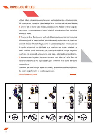 vehículo deberá estar posicionado de tal manera que la cola de ambos vehículos coincida.
Silacolaespequeña,intentaremosquelosparagolpesdelosautomóvilescoincidan(esténalineados).
3) Giramos todo el volante hacia el lado que estacionaremos (hacia el cordón). Luego co-
menzaremos a mover muy despacio nuestro automóvil, para mantener en todo momento el
dominio del mismo.
4) El momento clave: Cuando vemos que la cola del auto estacionado se encuentra ahora al
lado nuestro (mitad de nuestro vehículo aproximadamente), es el momento de comenzar a
cambiar la dirección del volante. Hay que tener en cuenta en este punto, si vemos que la cola
de nuestro vehículo está muy introducida en el espacio en que vamos a estacionar, se
deberá cambiar el volante con más velocidad, o bien frenar el vehículo para que nos permita
hacerlo con más comodidad. Así seguiremos hasta llegar a la trompa del vehículo de atrás.
5) Ahora avanzaremos girando el volante nuevamente hacia el lado del cordón. Esta ma-
niobra la realizaremos a muy baja velocidad, para permitirnos medir cuánto del volante
convendrá girar.
Esperamos que estos consejos te sean de utilidad, y recomendamos visitar con periodici-
dad nuestro blog informativo de novedades y consejos.
FUENTE: ACADEMIA PERLA ENSEÑA
CONSEJOS ÚTILES
22
 