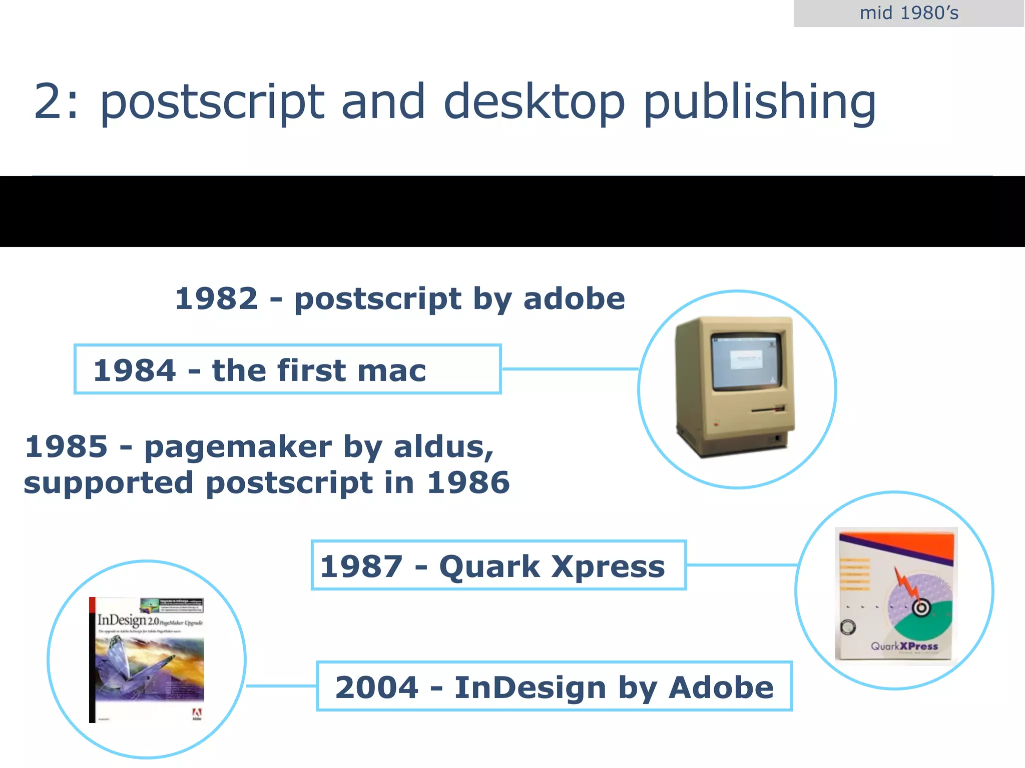 mid 1980’s




2: postscript and desktop publishing


        1982 - postscript by adobe

   1984 - the first mac

1985 - pagemaker by aldus,
supported postscript in 1986

                1987 - Quark Xpress



                 2004 - InDesign by Adobe
 