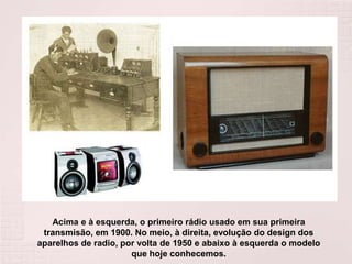 Acima e à esquerda, o primeiro rádio usado em sua primeira transmisão, em 1900. No meio, à direita, evolução do design dos aparelhos de radio, por volta de 1950 e abaixo à esquerda o modelo que hoje conhecemos.