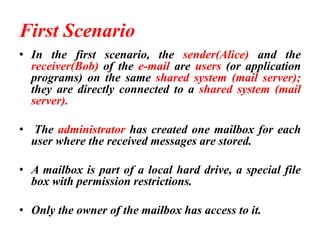 First Scenario
• In the first scenario, the sender(Alice) and the
receiver(Bob) of the e-mail are users (or application
programs) on the same shared system (mail server);
they are directly connected to a shared system (mail
server).
• The administrator has created one mailbox for each
user where the received messages are stored.
• A mailbox is part of a local hard drive, a special file
box with permission restrictions.
• Only the owner of the mailbox has access to it.
 