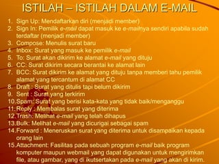 ISTILAH – ISTILAH DALAM E-MAIL
1. Sign Up: Mendaftarkan diri (menjadi member)
2. Sign In: Pemilik e-mail dapat masuk ke e-mailnya sendiri apabila sudah
terdaftar (menjadi member)
3. Compose: Menulis surat baru
4. Inbox: Surat yang masuk ke pemilik e-mail
5. To: Surat akan dikirim ke alamat e-mail yang dituju
6. CC: Surat dikirim secara berantai ke alamat lain
7. BCC: Surat dikirim ke alamat yang dituju tanpa memberi tahu pemilik
alamat yang tercantum di alamat CC
8. Draft : Surat yang ditulis tapi belum dikirim
9. Sent : Surat yang terkirim
10.Spam: Surat yang berisi kata-kata yang tidak baik/menganggu
11.Reply : Membalas surat yang diterima
12.Trash: Melihat e-mail yang telah dihapus
13.Bulk: Melihat e-mail yang dicurigai sebagai spam
14.Forward : Meneruskan surat yang diterima untuk disampaikan kepada
orang lain
15.Attachment: Fasilitas pada sebuah program e-mail baik program
komputer maupun webmail yang dapat digunakan untuk mengirimkan
file, atau gambar, yang di ikutsertakan pada e-mail yang akan di kirim.
 