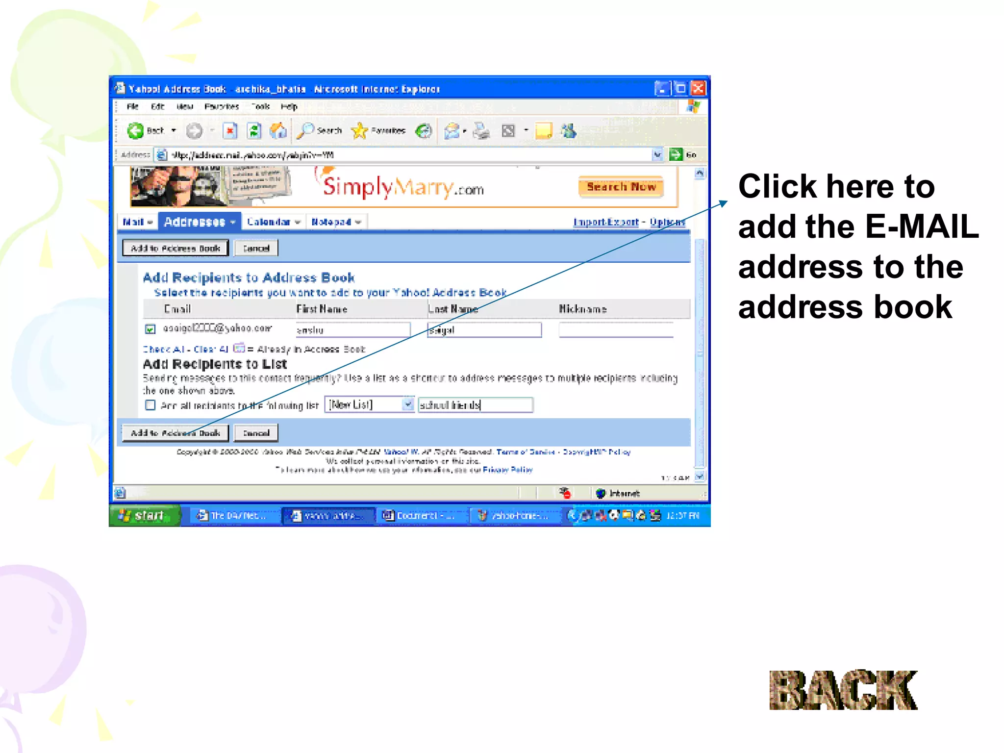 Click here to add the E-MAIL address to the address book BACK 