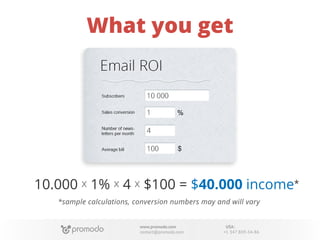 What you get

10.000 x 1% x 4 x $100 = $40.000 income*
*sample calculations, conversion numbers may and will vary
www.promodo.com
contact@promodo.com

USA:
+1 347 809-34-86

 