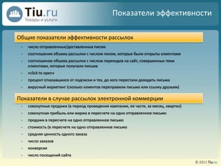  Показатели эффективностиОбщиепоказателиэффективностирассылокчисло отправленных/доставленных писем