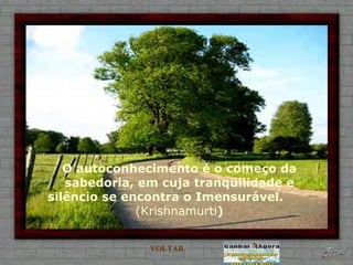 O autoconhecimento é o começo da sabedoria, em cuja tranqüilidade e silêncio se encontra o Imensurável.  (Krishnamurti ) VOLTAR 