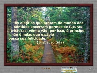 “ As alegrias que brotam do mundo dos sentidos encerram germes de futuras tristezas; vêm e vão; por isso, ó príncipe, não é nelas que o sábio  busca sua felicidade.”  ( Bhagavad Gita ) VOLTAR 
