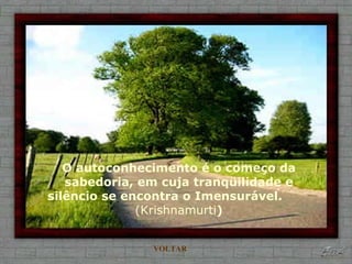 VOLTAR
O autoconhecimento é o começo da
sabedoria, em cuja tranqüilidade e
silêncio se encontra o Imensurável.
(Krishnamurti)
 