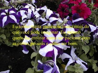 Eu tenho muita paciência muito mais do
que você pode imaginar. Eu mesmo
quero lhe ensinar como ser paciente com
as outras pessoas e como ser bom.
 