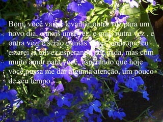 Bom, você vai se levantar outra vez para um
novo dia, e mais uma vez, e mais outra vez , e
outra vez, e serão muitas vezes ainda que eu
estarei já talvez esperando por nada, mas com
muito amor para você, esperando que hoje
você possa me dar alguma atenção, um pouco
de seu tempo.
 