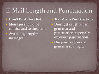 E-Mail Length and PunctuationDon't Be A NovelistMessages should be concise and to the point.Avoid long lengthy messages.Too Much PunctuationDon't get caught up in grammar and punctuation, especially excessive punctuation.Use punctuation and grammar sparingly.