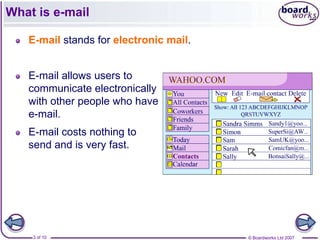 What is e-mail

   E-mail stands for electronic mail.


   E-mail allows users to
   communicate electronically
   with other people who have
   e-mail.
   E-mail costs nothing to
   send and is very fast.




    3 of 10                             © Boardworks Ltd 2007
 