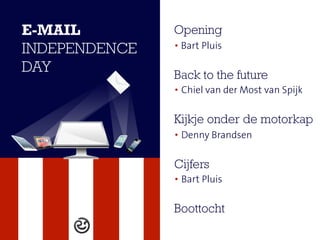 Opening	
• Bart Pluis
Back to the future	
• Chiel van der Most van Spijk
Kijkje onder de motorkap
• Denny Brandsen
Cijfers
• Bart Pluis
Boottocht
e-mail
Independence
day
 