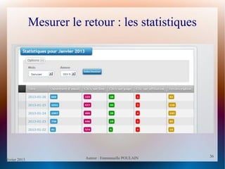 février 2013 Auteur : Emmanuelle POULAIN
36
36
Mesurer le retour : les statistiques
 