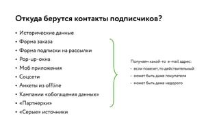 Откуда берутся контакты подписчиков?
• Исторические данные
• Форма заказа
• Форма подписки на рассылки
• Pop-up-окна
• Моб приложения
• Соцсети
• Анкеты из offline
• Кампании «обогащения данных»
• «Партнерки»
• «Серые» источники
Получаем какой-то e-mail адрес:
• если повезет, то действительный
• может быть даже покупателя
• может быть даже недорого
 