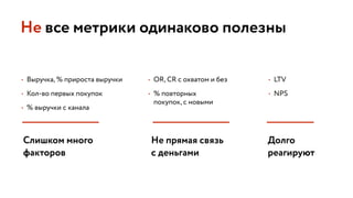 • Выручка, % прироста выручки
• Кол-во первых покупок
• % выручки с канала
Не все метрики одинаково полезны
• OR, CR с охватом и без
• % повторных 
покупок, с новыми
• LTV
• NPS
Слишком много 
факторов
Не прямая связь
с деньгами
Долго
реагируют
 