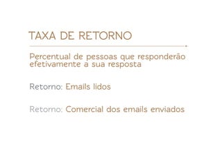 TAXA DE RETORNO
Percentual de pessoas que responderão
efetivamente a sua resposta

Retorno: Emails lidos

Retorno: Comercial dos emails enviados
 