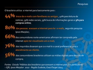 Pesquisas

O brasileiro utiliza a internet para basicamente para :

44% troca de e-mails com familiares ou amigos , 40% para leitura de
           notícias, 39% redes sociais, 39% busca de informações gerais e 9% para
           compras online;

80% das pessoas acessam a internet para ler e-mails, segundo pesquisa
           Ipsos Marplan;

66% dos consumidores norte-americanos afirmam ter comprado pela
           internet após ter visualizado um e-mail;

76% dos inquiridos disseram que o e-mail é o canal preferencial para o
           atendimento ao cliente.

56% dos consumidores brasileiros utilizam as mídias digitais para decisão de
           compra;

Fontes: Estudo "Hábitos dos brasileiros que acessam a internet para fins particulares“
                                                                                         23
– GfK; Ipsos Marplan 2010 - Região Sudeste; ExactTarget 2011;
 