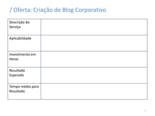 / Oferta: Criação de Blog Corporativo
Descrição do
Serviço
Aplicabilidade
Investimento em
Horas
Resultado
Esperado
Tempo médio para
Resultado
7
 