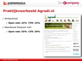 Praktijkvoorbeeld Agradi.nl

 Winbackmail

      Open rate: 22% CTR: 15%

 Abandoned Shopcart mail

      Open rate: 55% CTR: 29%




www.copernica.com
 