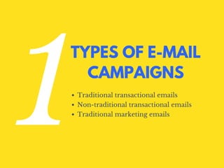 1
TYPES OF E-MAIL
CAMPAIGNS
Traditional transactional emails
Non-traditional transactional emails
Traditional marketing em...