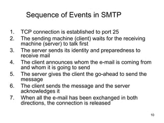 Sequence of Events in SMTP

1.   TCP connection is established to port 25
2.   The sending machine (client) waits for the receiving
     machine (server) to talk first
3.   The server sends its identity and preparedness to
     receive mail
4.   The client announces whom the e-mail is coming from
     and whom it is going to send
5.   The server gives the client the go-ahead to send the
     message
6.   The client sends the message and the server
     acknowledges it
7.   When all the e-mail has been exchanged in both
     directions, the connection is released

                                                        10
 
