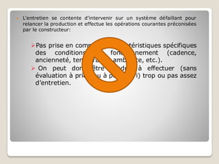  L’entretien se contente d’intervenir sur un système défaillant pour
relancer la production et effectue les opérations courantes préconisées
par le constructeur:
➢Pas prise en compte des caractéristiques spécifiques
des conditions de fonctionnement (cadence,
ancienneté, température ambiante, etc.).
➢ On peut donc être conduit à effectuer (sans
évaluation à priori ou à posteriori) trop ou pas assez
d’entretien.
 
